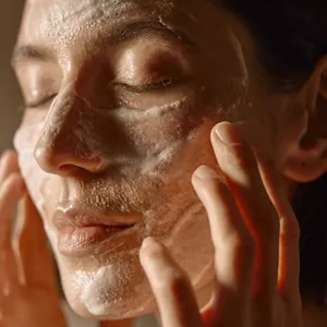 Close up of model cleansing face with Silky Purifying Creamy Soap